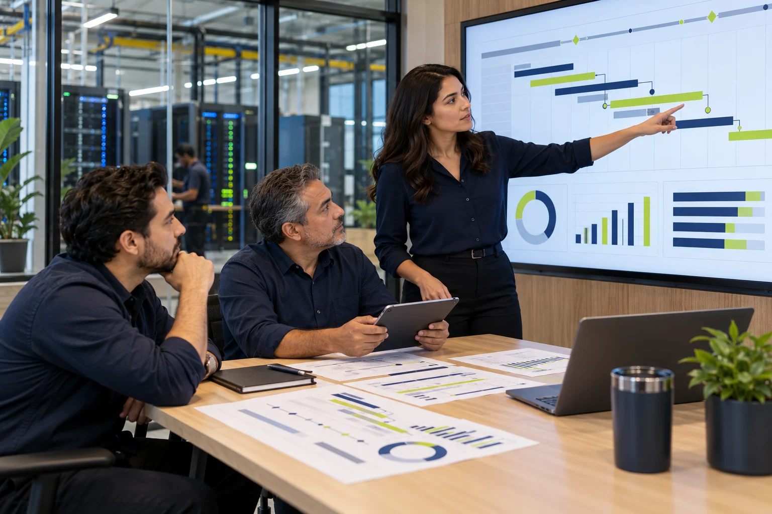 Escena ilustrativa generada de un equipo técnico revisando planos y la secuencia de un proyecto de infraestructura.